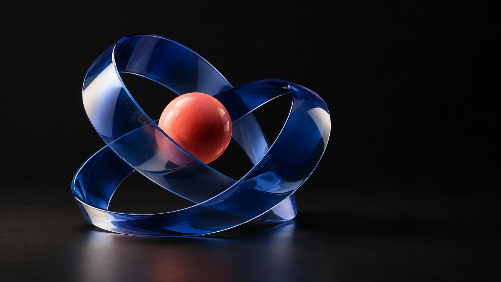 An abstract blue orbit surrounding a coral sphere